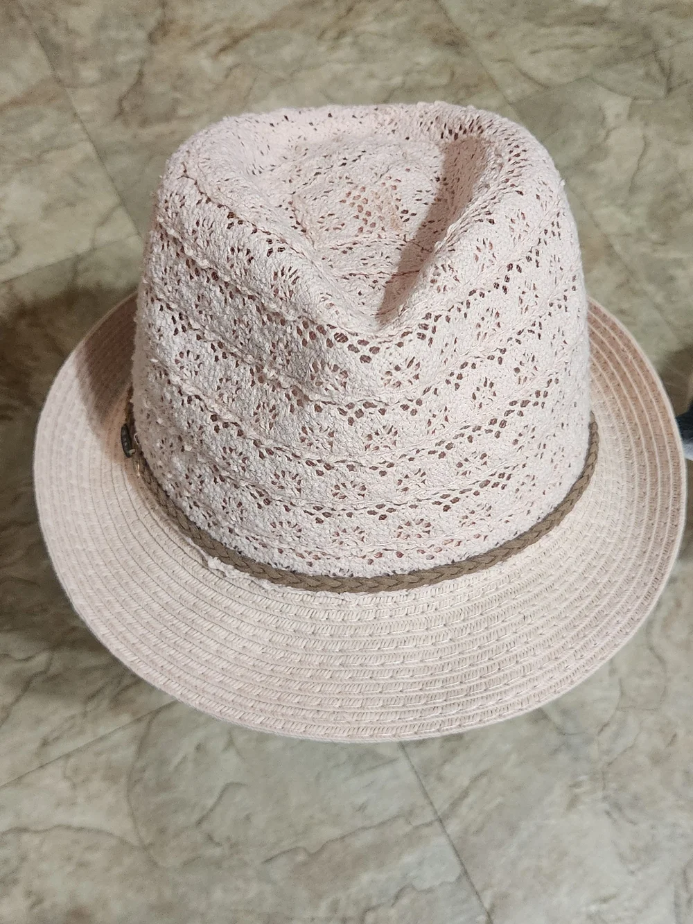Girls Pink Crochet Fedora Hat with Braided Trim